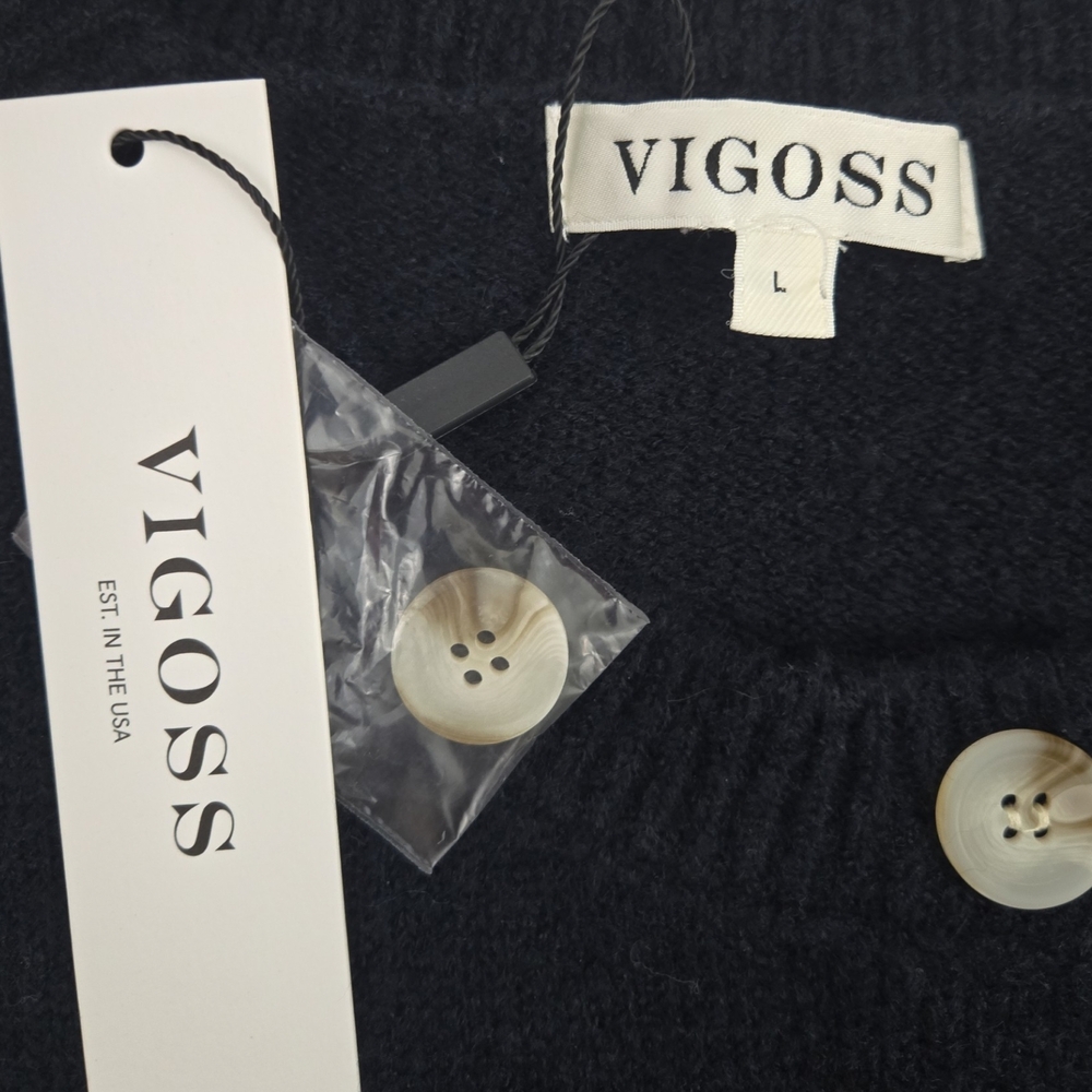 VIGOSS Horse Cardigan Sweater Women L Navy Blue Knit Button Up Cropped NWT - Picture 8 of 11